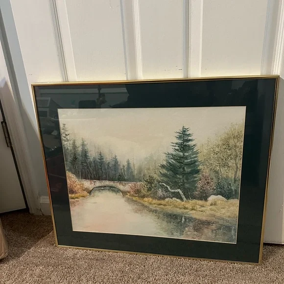 WOODED NATURE FOREST BRIDGE ART PAINTING PRINT GOLD FRAMED 24 x 20.5 - Picture 3 of 8